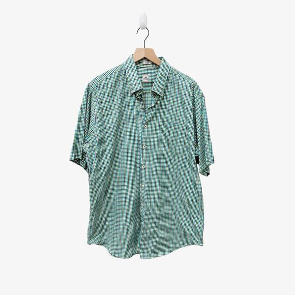Peter Millar Plaid Green Blue Button Down Short Sleeve Men’s Size XL - Picture 1 of 6
